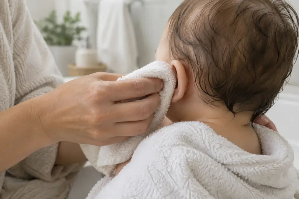 Une main essuie doucement le pavillon de l’oreille d’un bébé avec un linge doux.