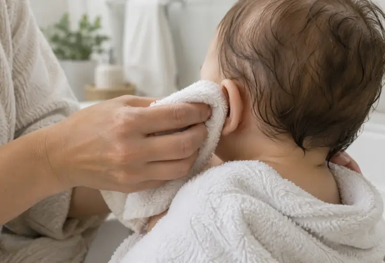 Une main essuie doucement le pavillon de l’oreille d’un bébé avec un linge doux.