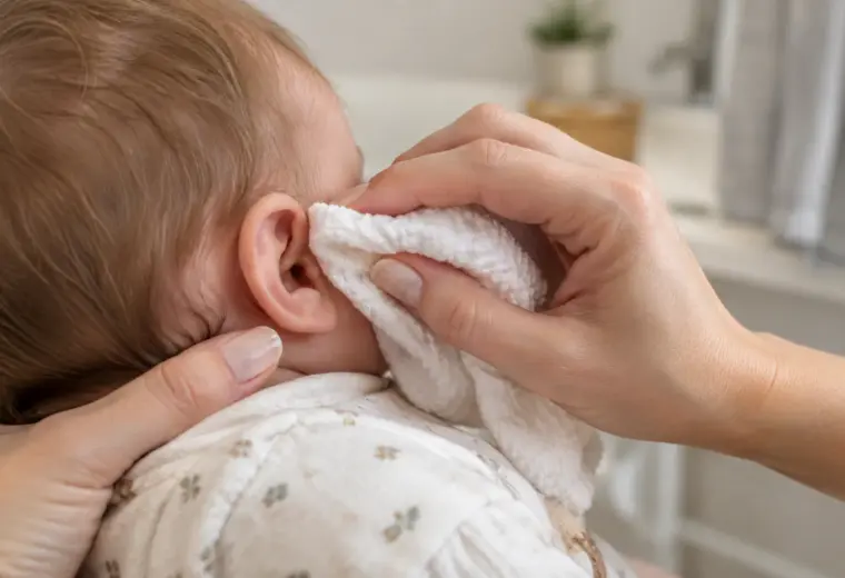 Un parent nettoie doucement la partie extérieure de l’oreille de son bébé avec un linge humide.