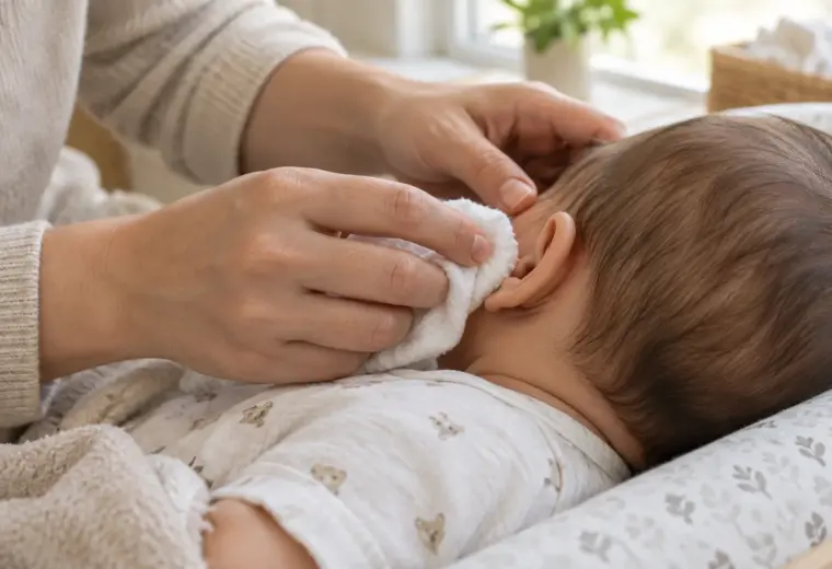 Un parent nettoie doucement le pavillon de l’oreille de son bébé avec un linge doux.