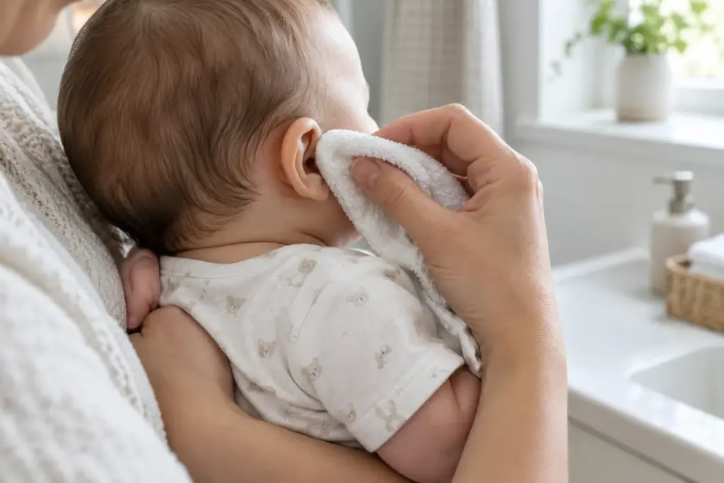 Un parent nettoie délicatement l’extérieur de l’oreille de son bébé avec un linge doux.