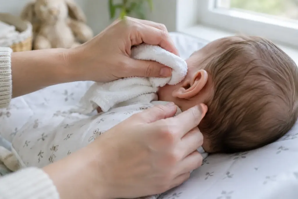 Une main essuie délicatement l’extérieur de l’oreille d’un bébé avec un linge doux.