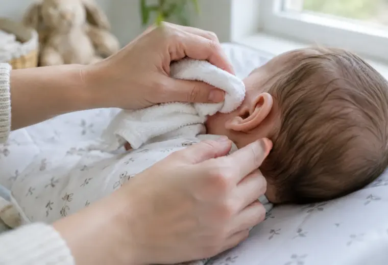 Une main essuie délicatement l’extérieur de l’oreille d’un bébé avec un linge doux.