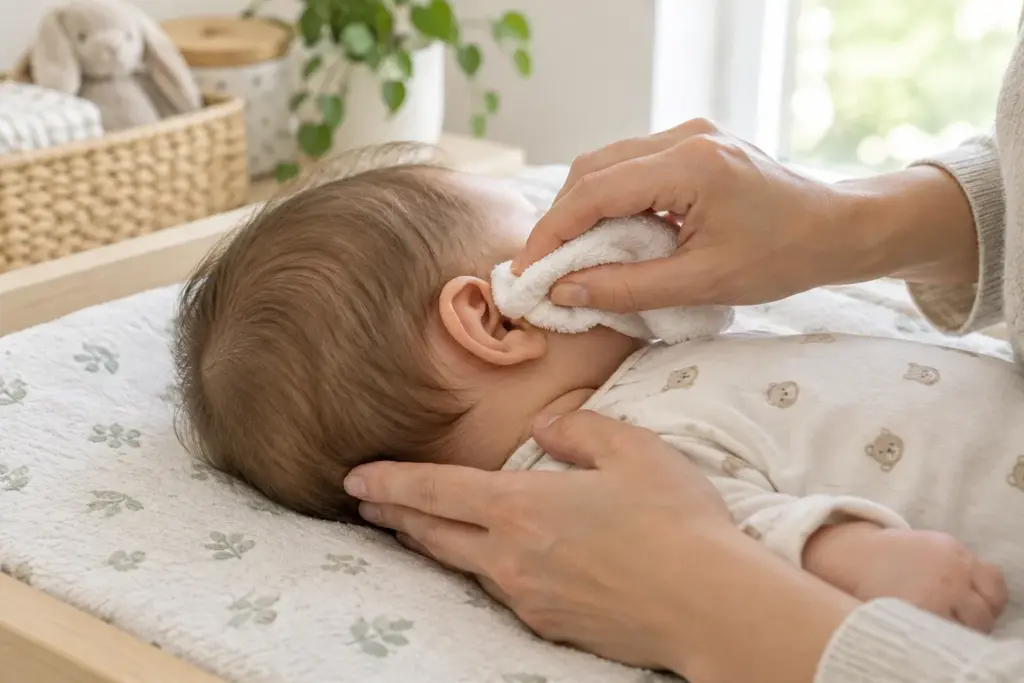 Une main nettoie délicatement l’extérieur de l’oreille d’un bébé avec un linge doux.