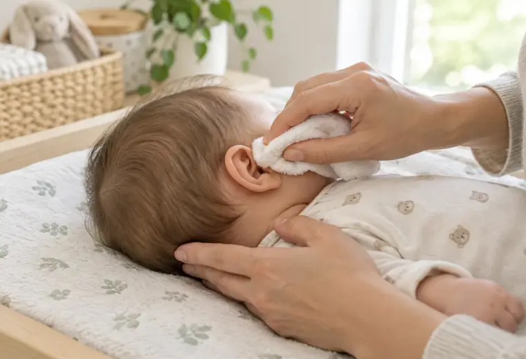 Une main nettoie délicatement l’extérieur de l’oreille d’un bébé avec un linge doux.
