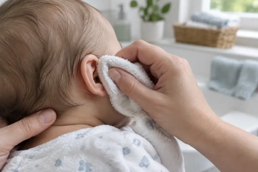 Une main nettoie délicatement l’oreille externe d’un bébé avec un linge doux.
