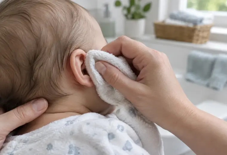 Une main nettoie délicatement l’oreille externe d’un bébé avec un linge doux.