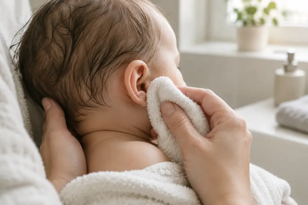 Un parent nettoie doucement l’extérieur de l’oreille d’un bébé avec un linge doux.