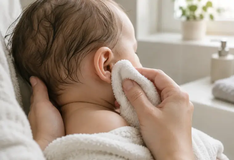 Un parent nettoie doucement l’extérieur de l’oreille d’un bébé avec un linge doux.