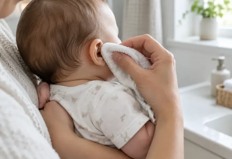 Un parent nettoie délicatement l’extérieur de l’oreille de son bébé avec un linge doux.