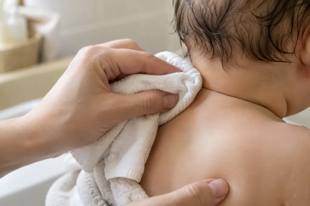 Un parent sèche doucement le pli du cou de son bébé avec un linge propre.