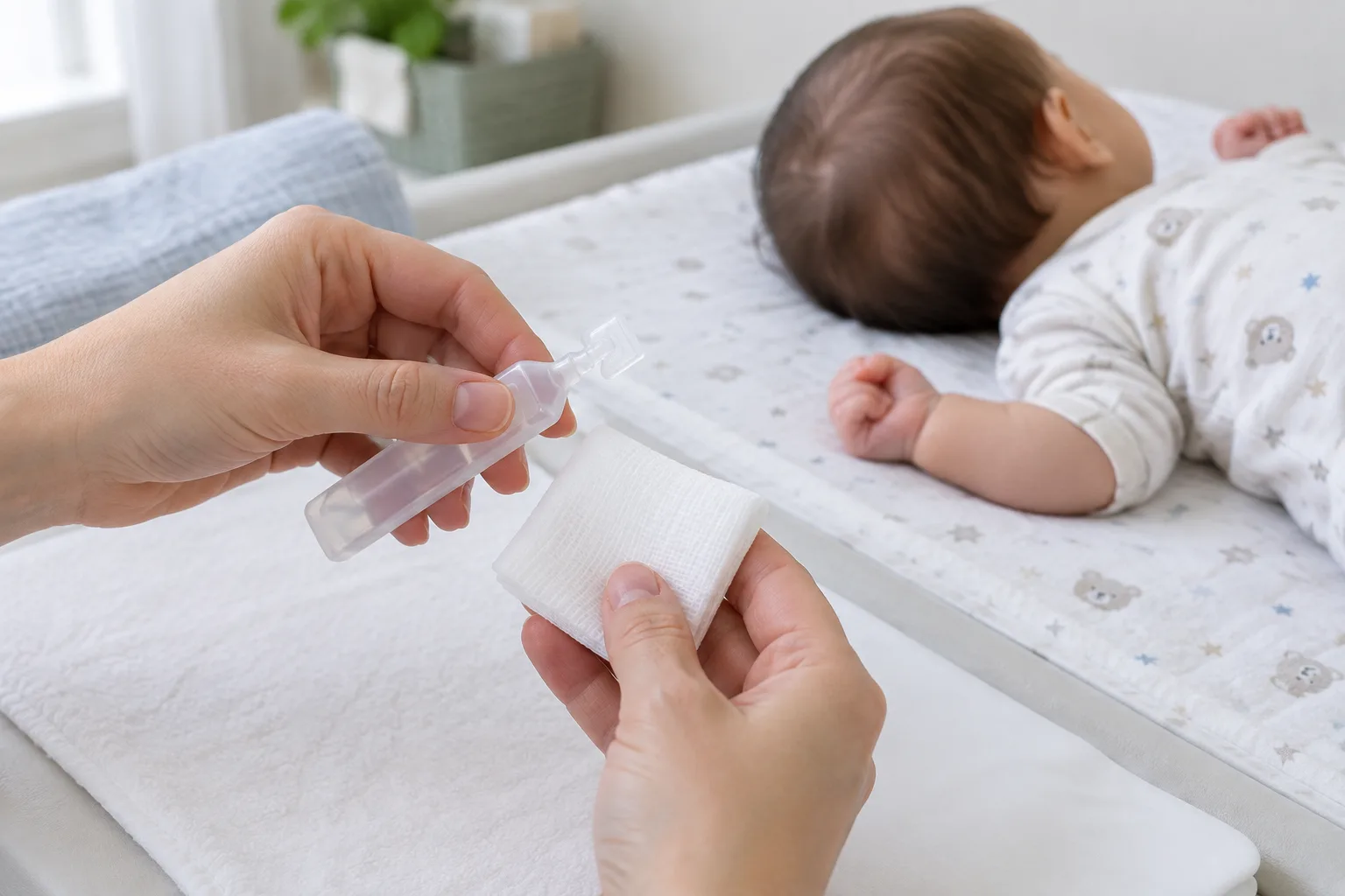 Une personne prépare une compresse stérile et une unidose de sérum physiologique près de bébé.