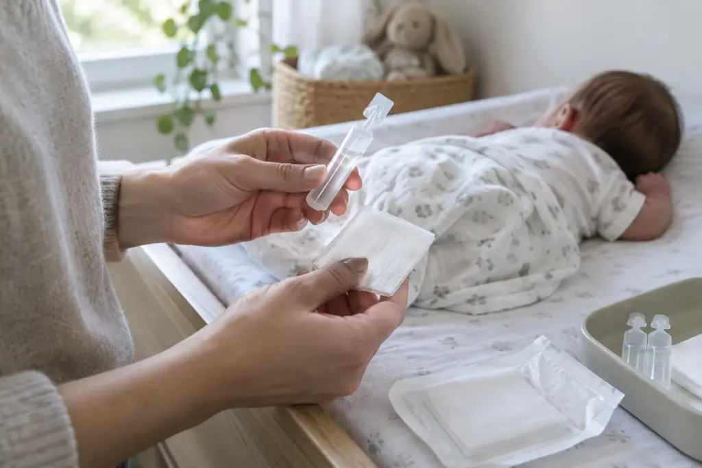 Une compresse stérile et une dosette de sérum physiologique préparées près de bébé.