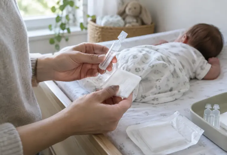 Une compresse stérile et une dosette de sérum physiologique préparées près de bébé.