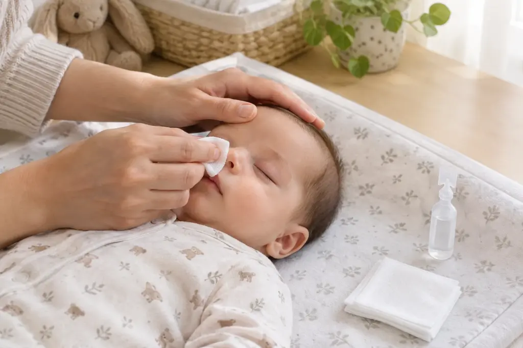 Une compresse stérile et une unidose de sérum physiologique préparées pour le soin des yeux d’un bébé.