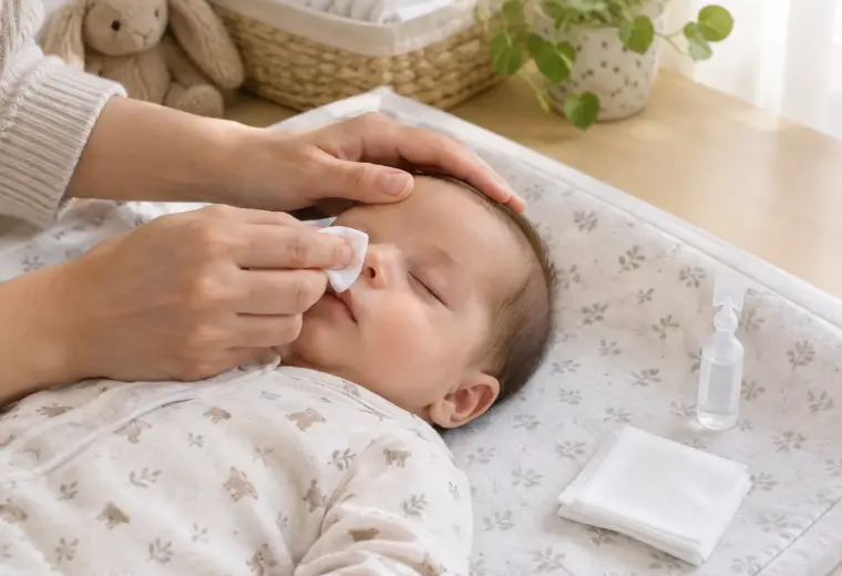 Une compresse stérile et une unidose de sérum physiologique préparées pour le soin des yeux d’un bébé.