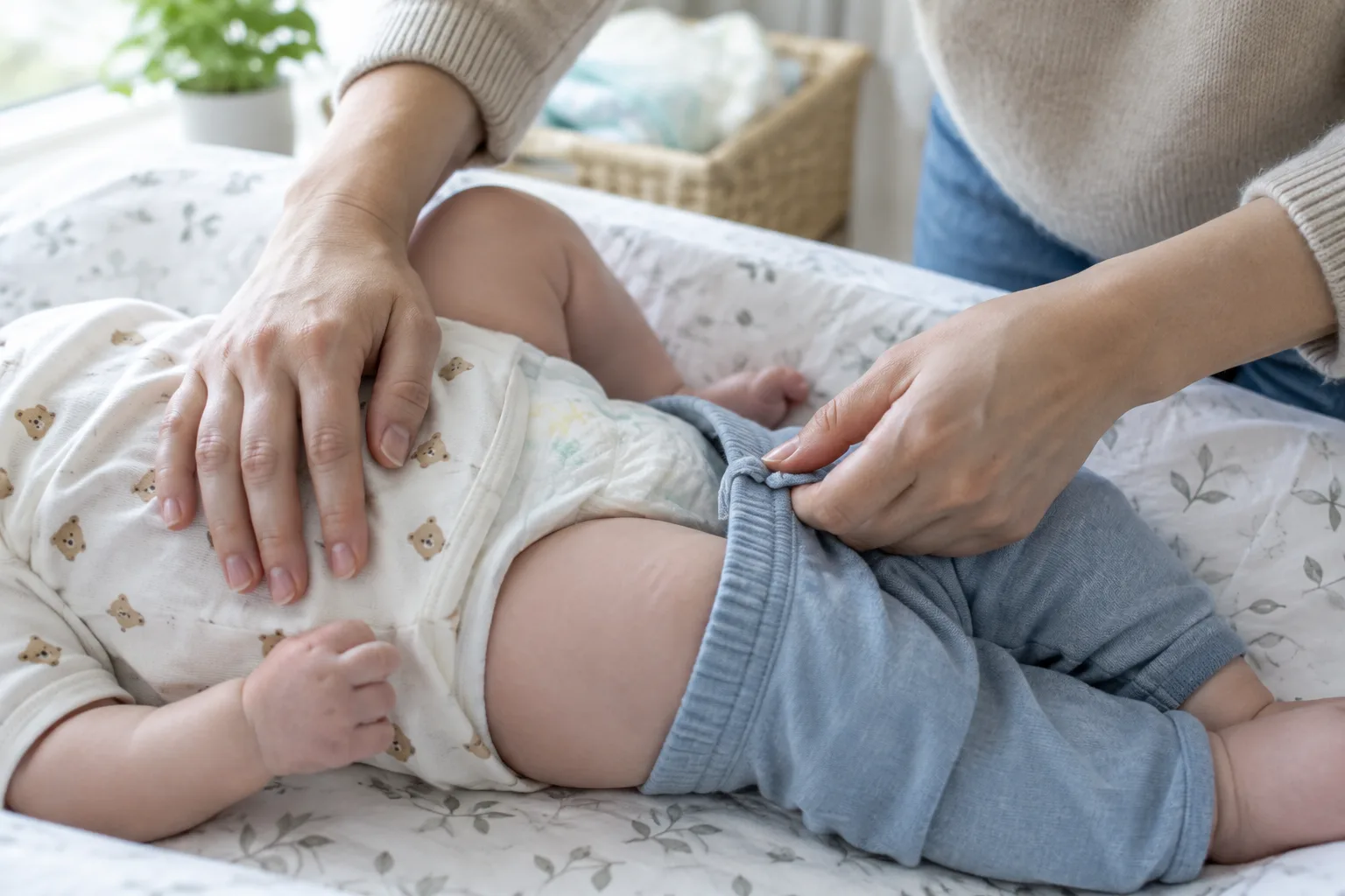 Un parent vérifie doucement la couche et les vêtements de son bébé.