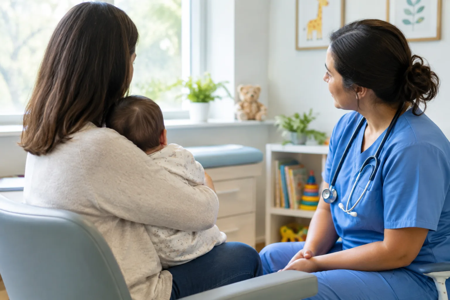Un parent échange avec une professionnelle de santé au sujet de son bébé.
