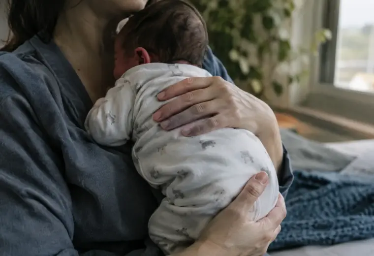 Un parent tient doucement son bébé contre lui dans une pièce calme.