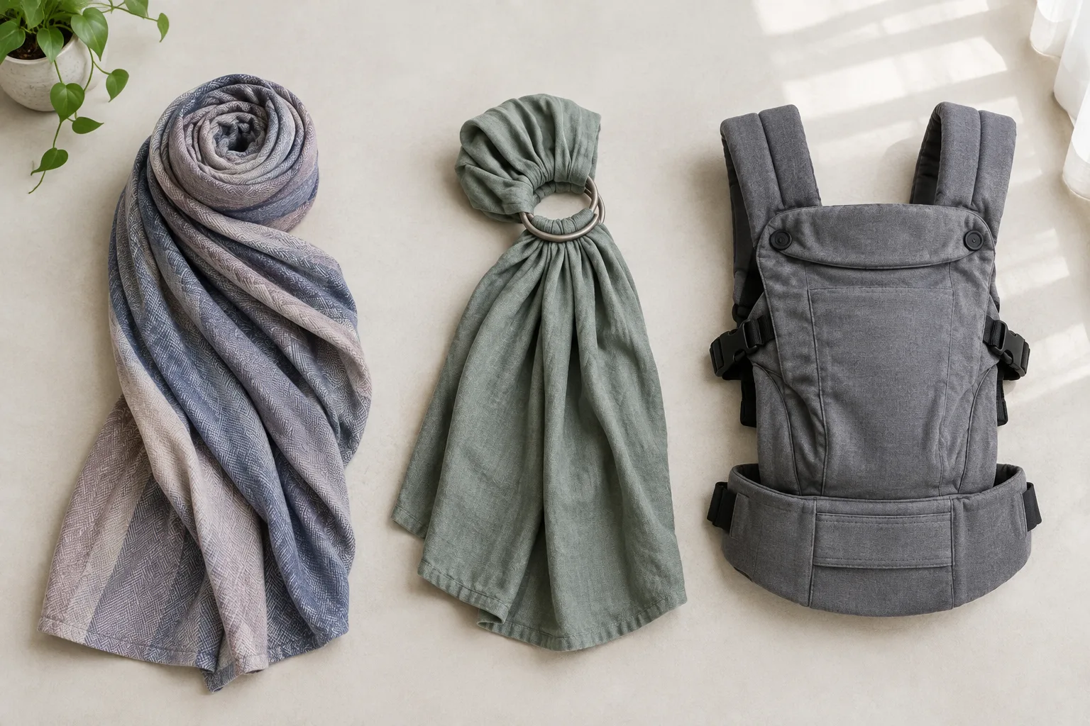 Une écharpe de portage, un sling à anneaux et un porte-bébé préformé présentés côte à côte.
