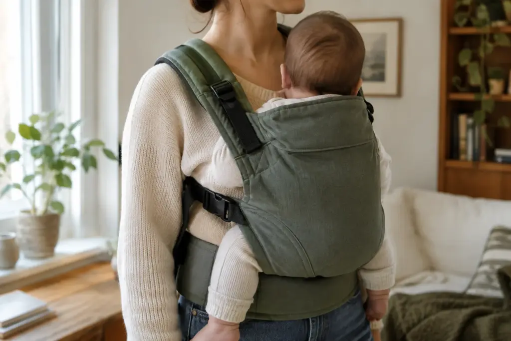 Un parent porte son bébé contre lui dans un porte-bébé préformé.
