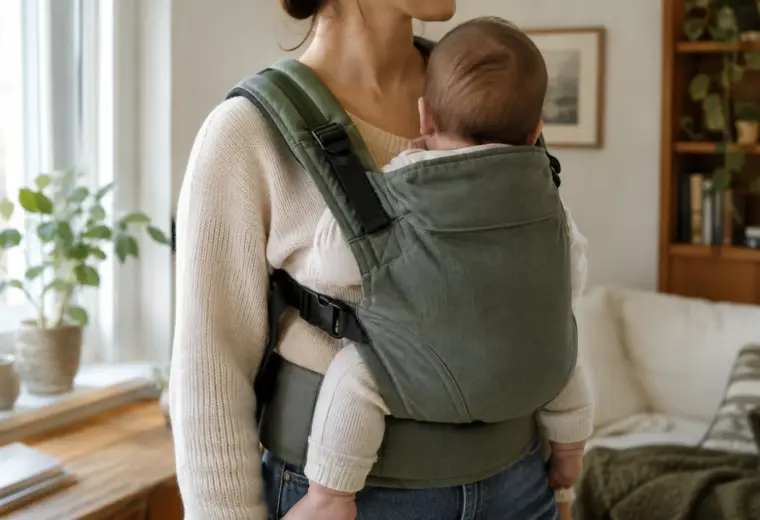 Un parent porte son bébé contre lui dans un porte-bébé préformé.