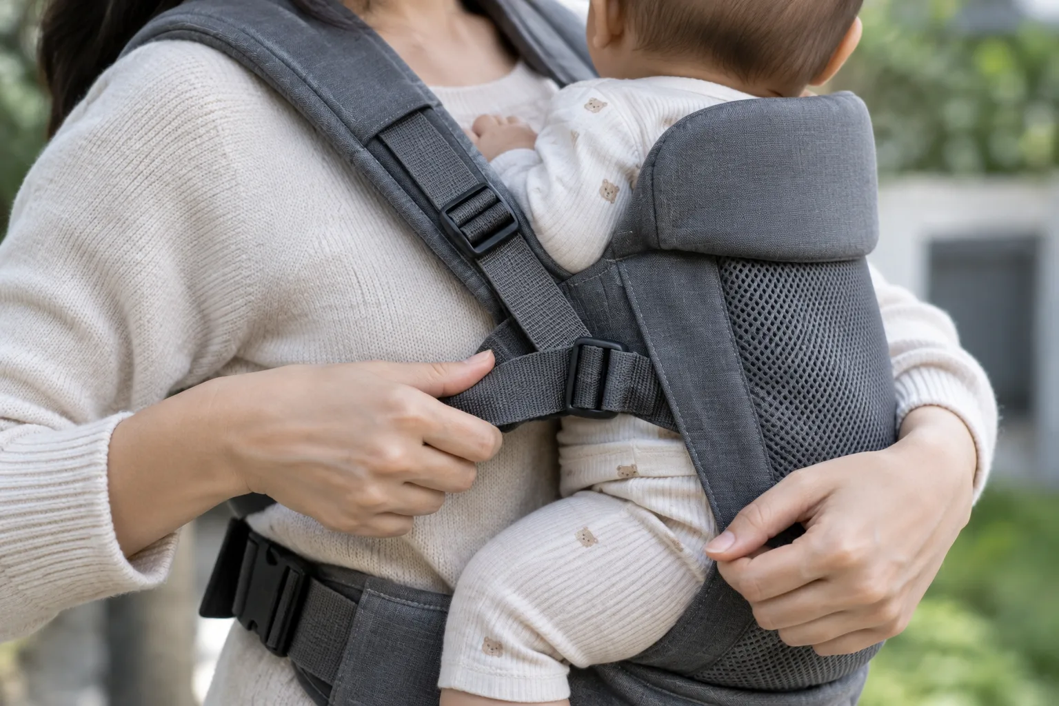 Un parent vérifie les sangles d’un porte-bébé avant de commencer le portage.