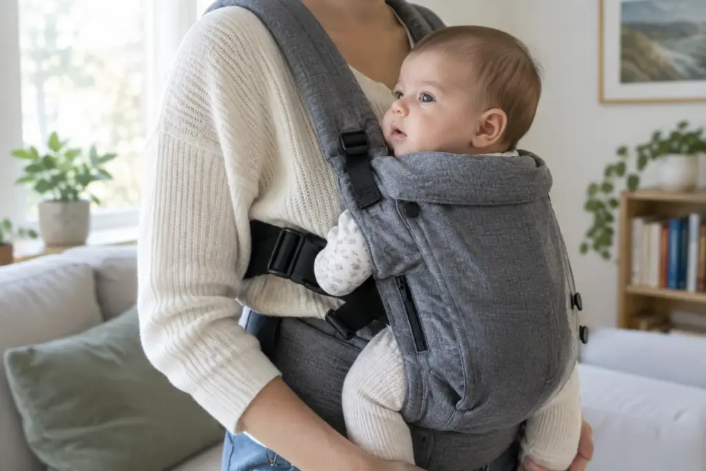 Un parent porte son bébé contre lui dans un porte-bébé réglé.