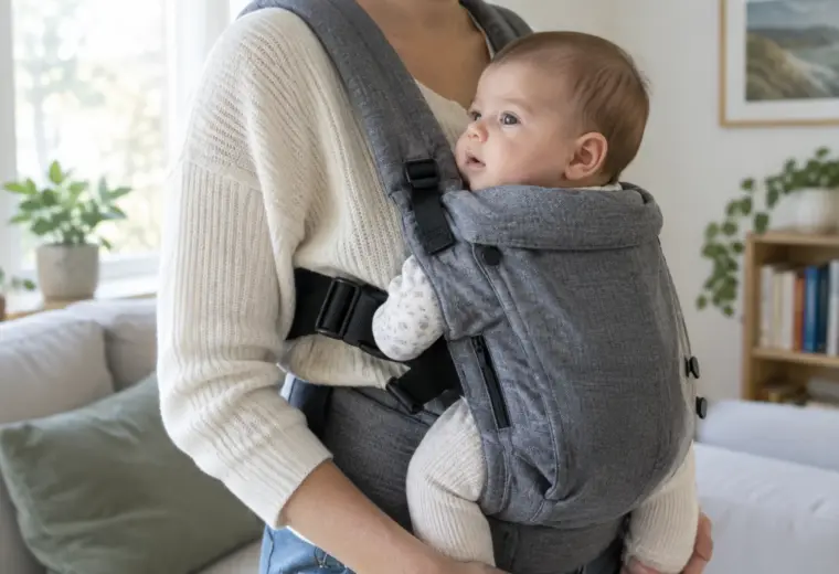 Un parent porte son bébé contre lui dans un porte-bébé réglé.