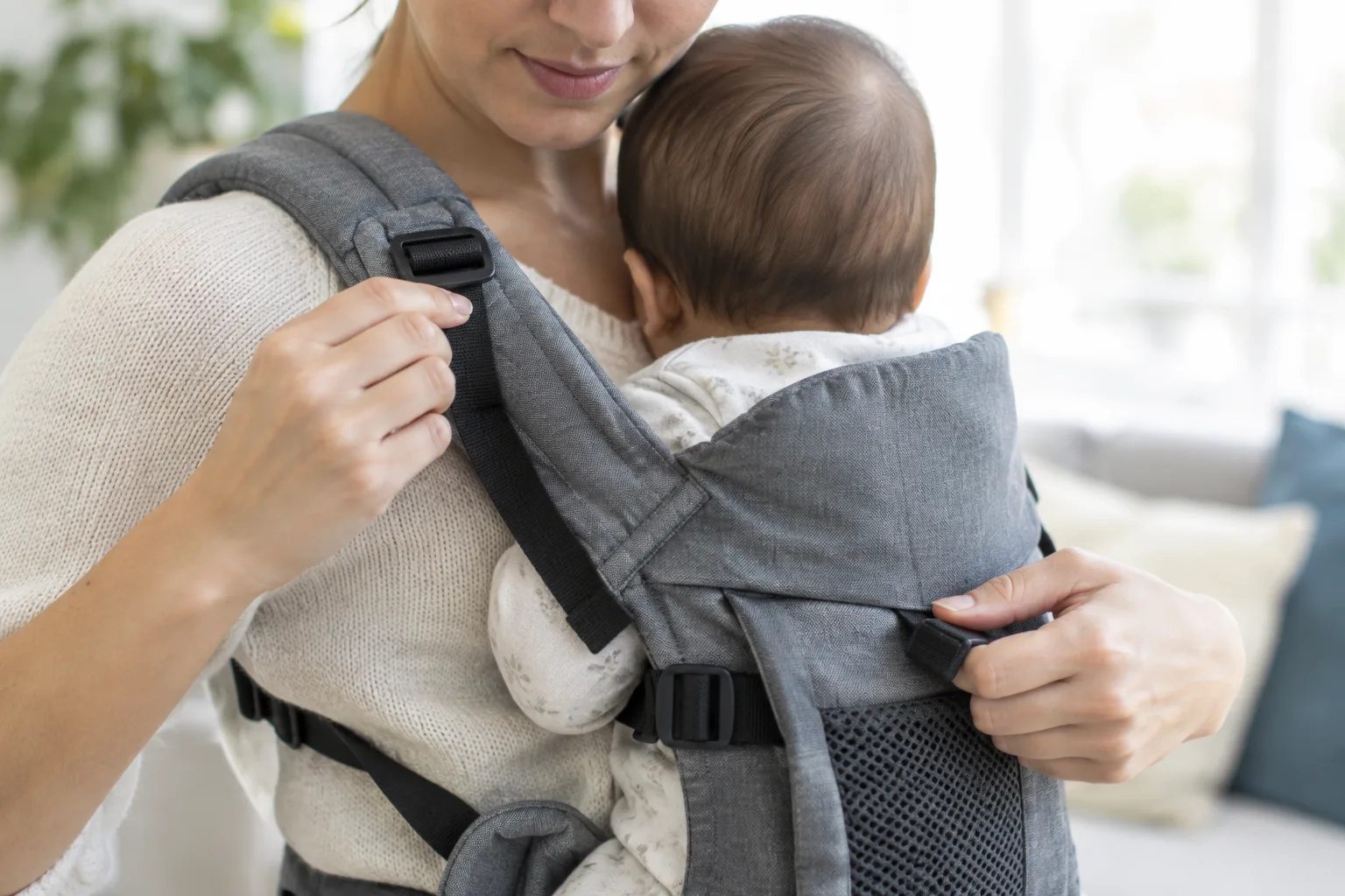Un parent ajuste les attaches du porte-bébé tandis que bébé est soutenu contre lui.