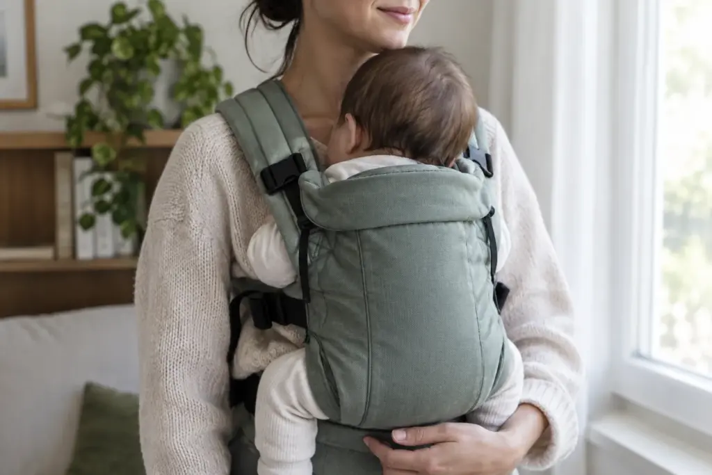 Un parent porte son bébé contre lui dans un porte-bébé bien ajusté.