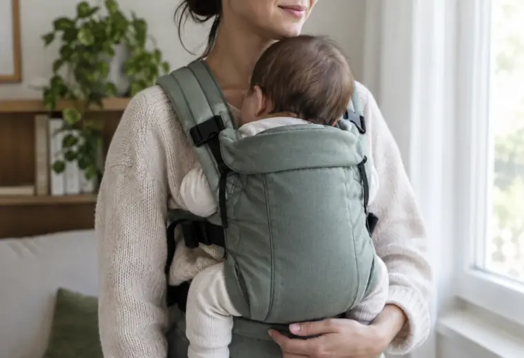 Un parent porte son bébé contre lui dans un porte-bébé bien ajusté.