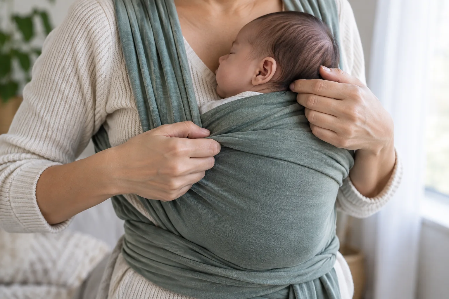 Un parent ajuste le tissu de l’écharpe en veillant à laisser le visage du bébé dégagé.