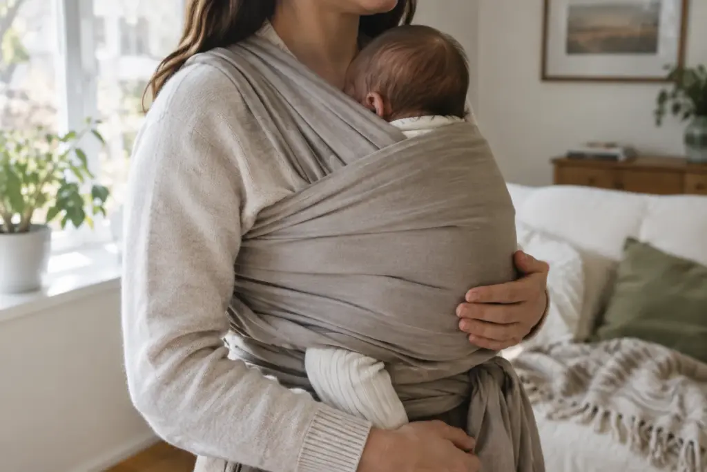 Un parent porte son bébé contre lui dans une écharpe de portage.
