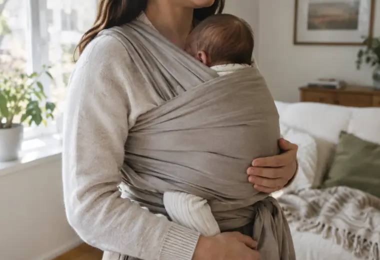 Un parent porte son bébé contre lui dans une écharpe de portage.