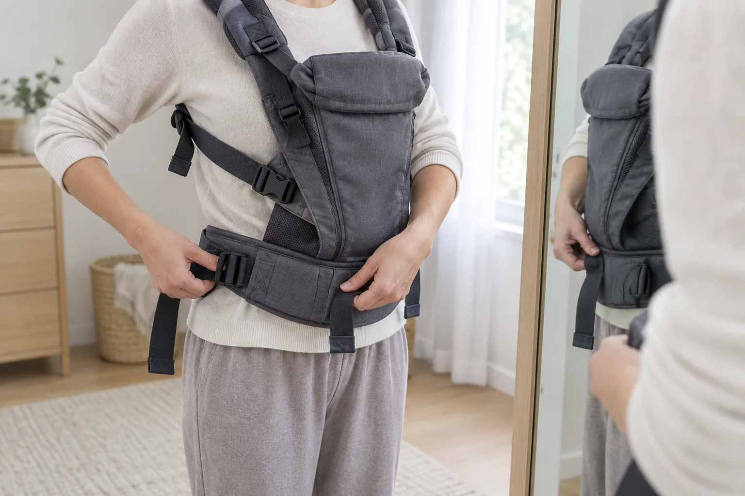 Un parent règle les sangles d’un porte-bébé devant un miroir, avant d’y installer son enfant.