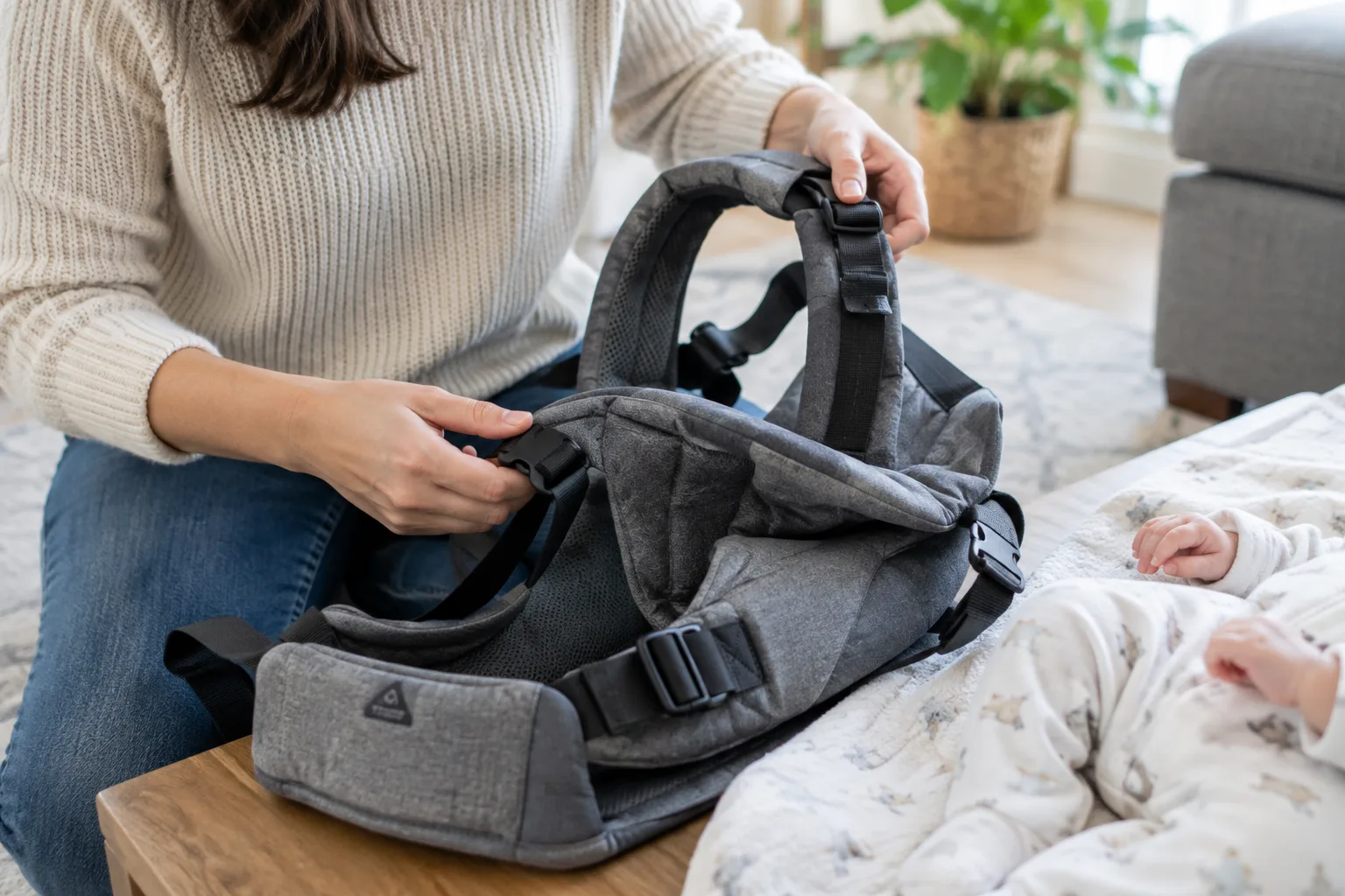 Un parent vérifie les sangles d’un porte-bébé avant d’y installer son enfant.