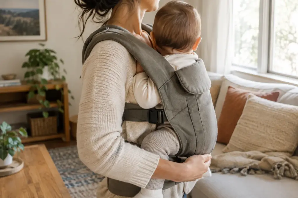Un parent ajuste un porte-bébé dans une pièce lumineuse, avec son enfant installé contre lui.