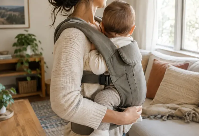 Un parent ajuste un porte-bébé dans une pièce lumineuse, avec son enfant installé contre lui.