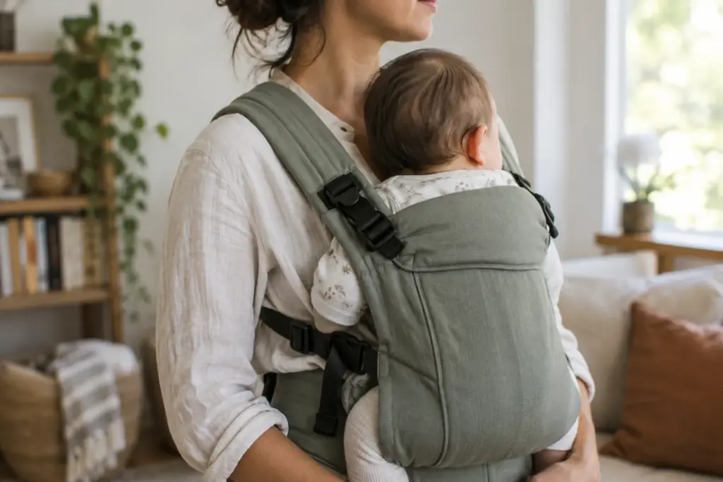 Un parent ajuste un porte-bébé dans un intérieur lumineux, avec le visage du bébé tourné à l’écart.