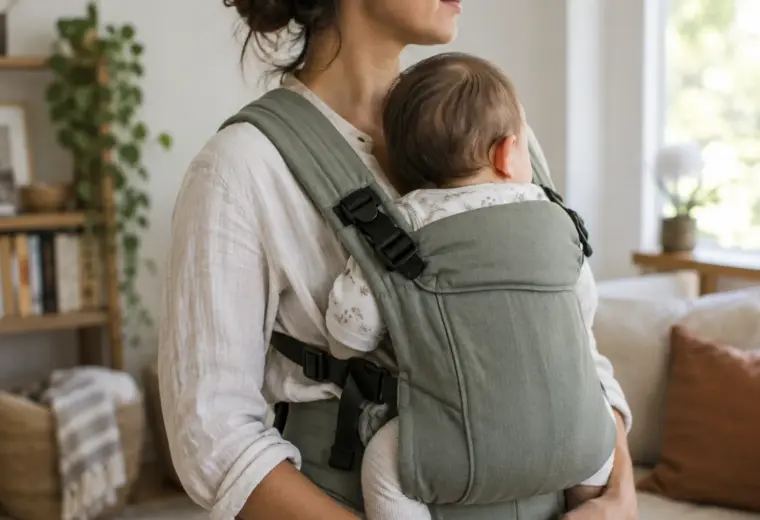 Un parent ajuste un porte-bébé dans un intérieur lumineux, avec le visage du bébé tourné à l’écart.