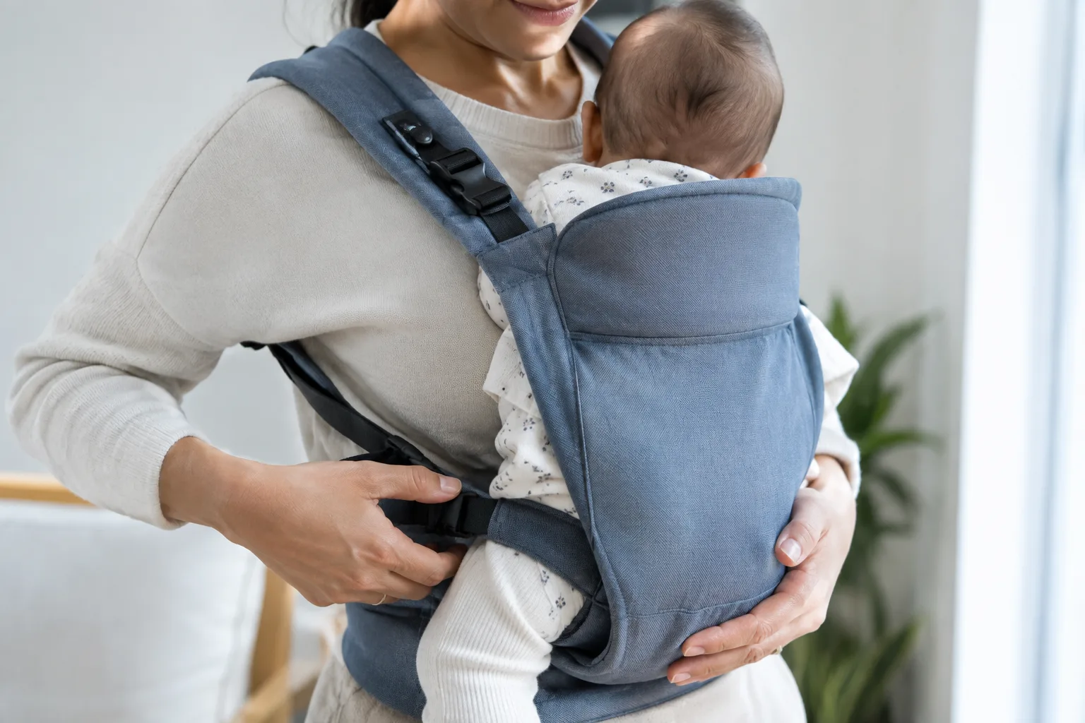 Un parent ajuste les sangles d’un porte-bébé avant d’y installer son enfant.