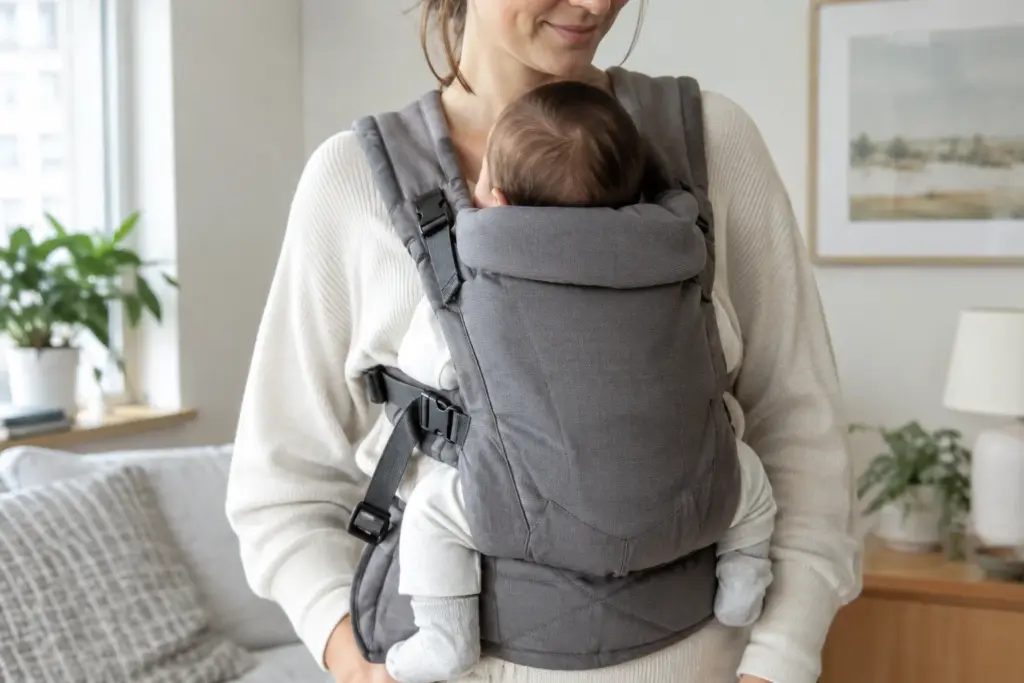 Un parent vérifie l’installation de son bébé dans un porte-bébé à la maison.