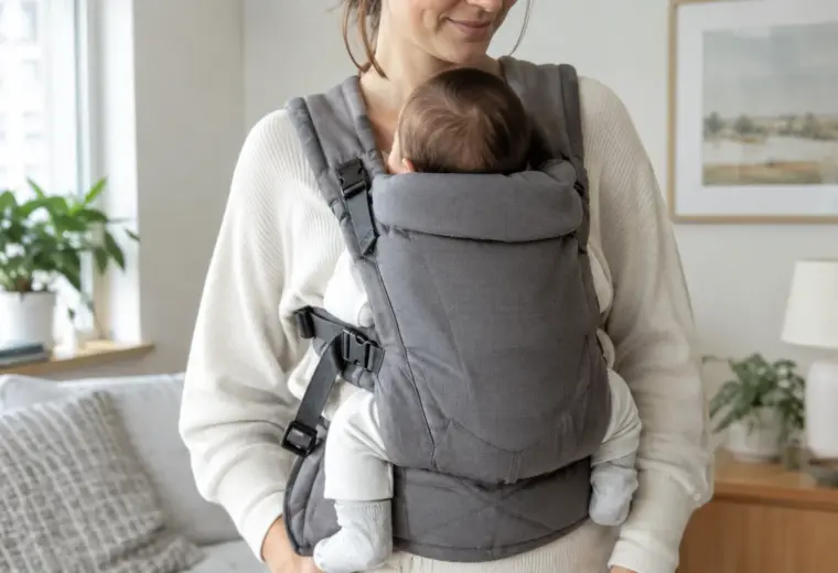 Un parent vérifie l’installation de son bébé dans un porte-bébé à la maison.