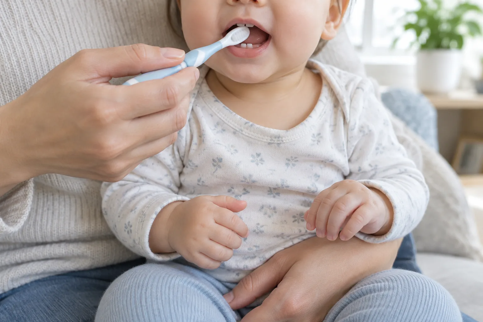Un parent installé avec son bébé lui brosse doucement les dents devant un miroir.