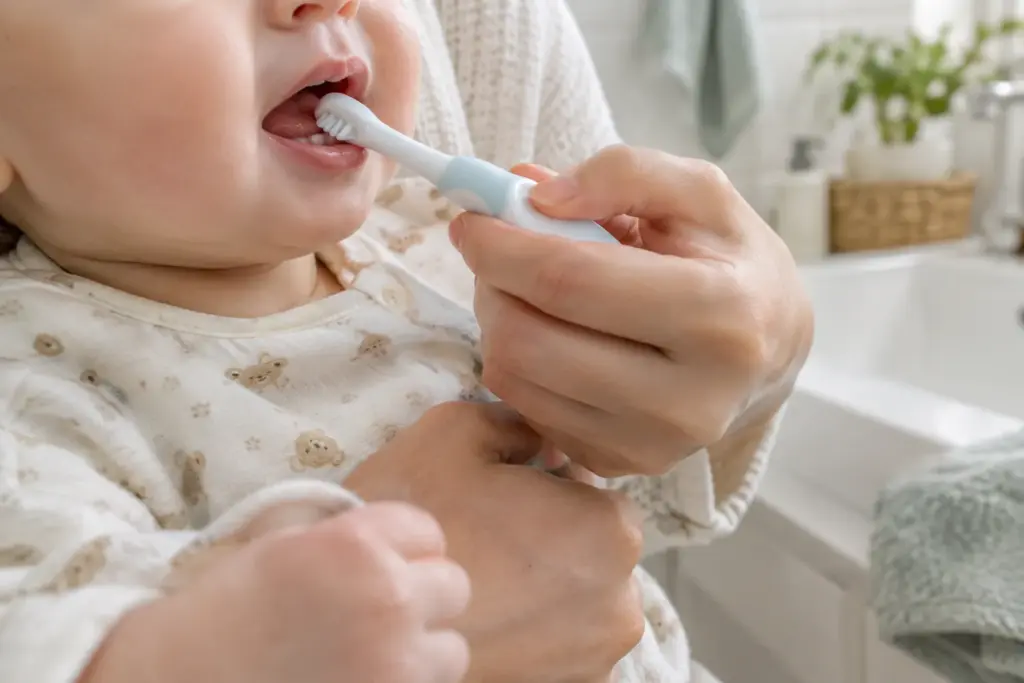 Un parent brosse doucement les premières dents de son bébé avec une petite brosse à dents.