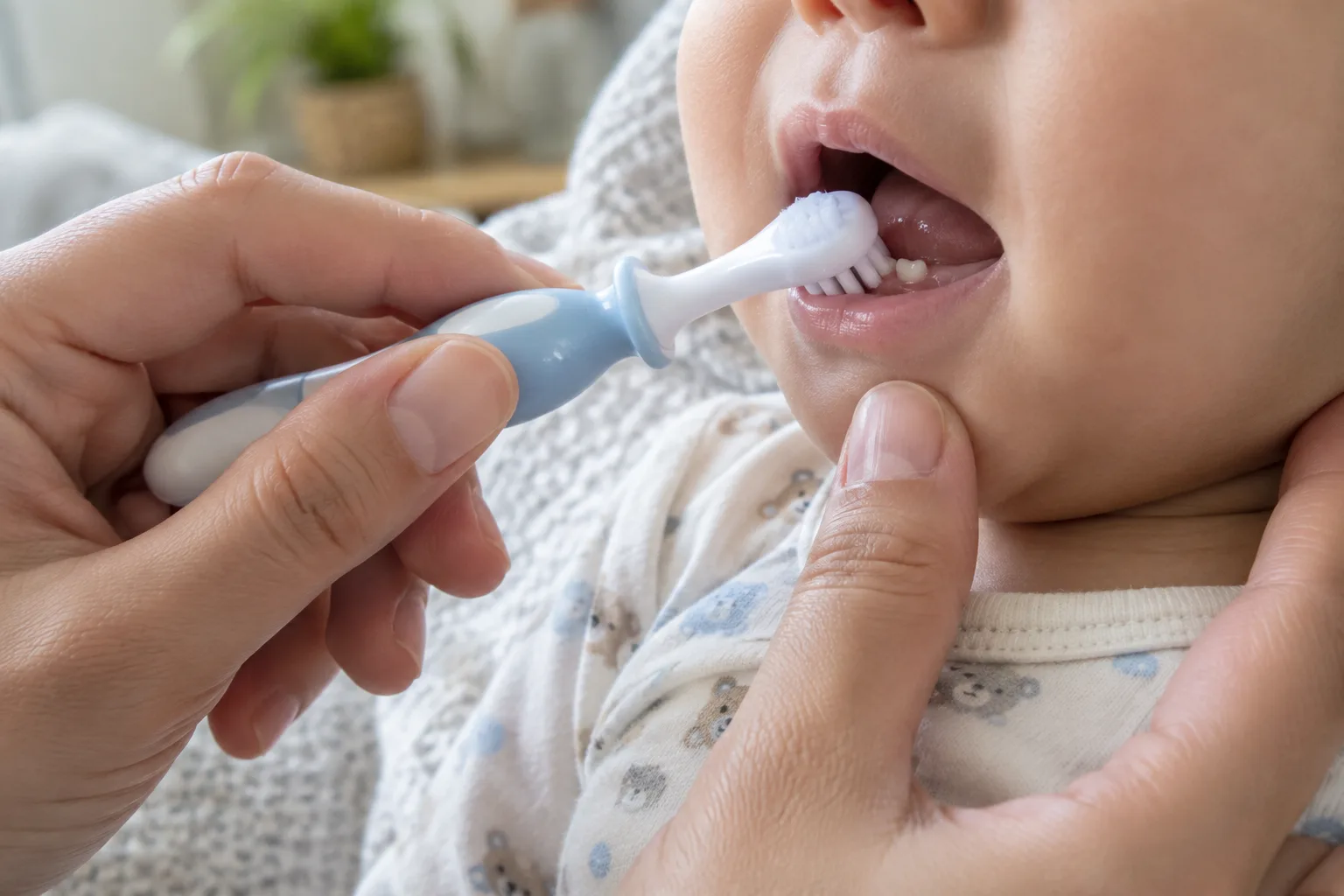 Une main passe délicatement une petite brosse sur les premières dents d’un bébé.