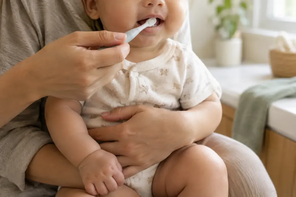 Un parent brosse doucement les premières dents de son bébé avec une petite brosse souple.