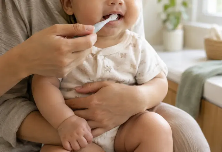 Un parent brosse doucement les premières dents de son bébé avec une petite brosse souple.