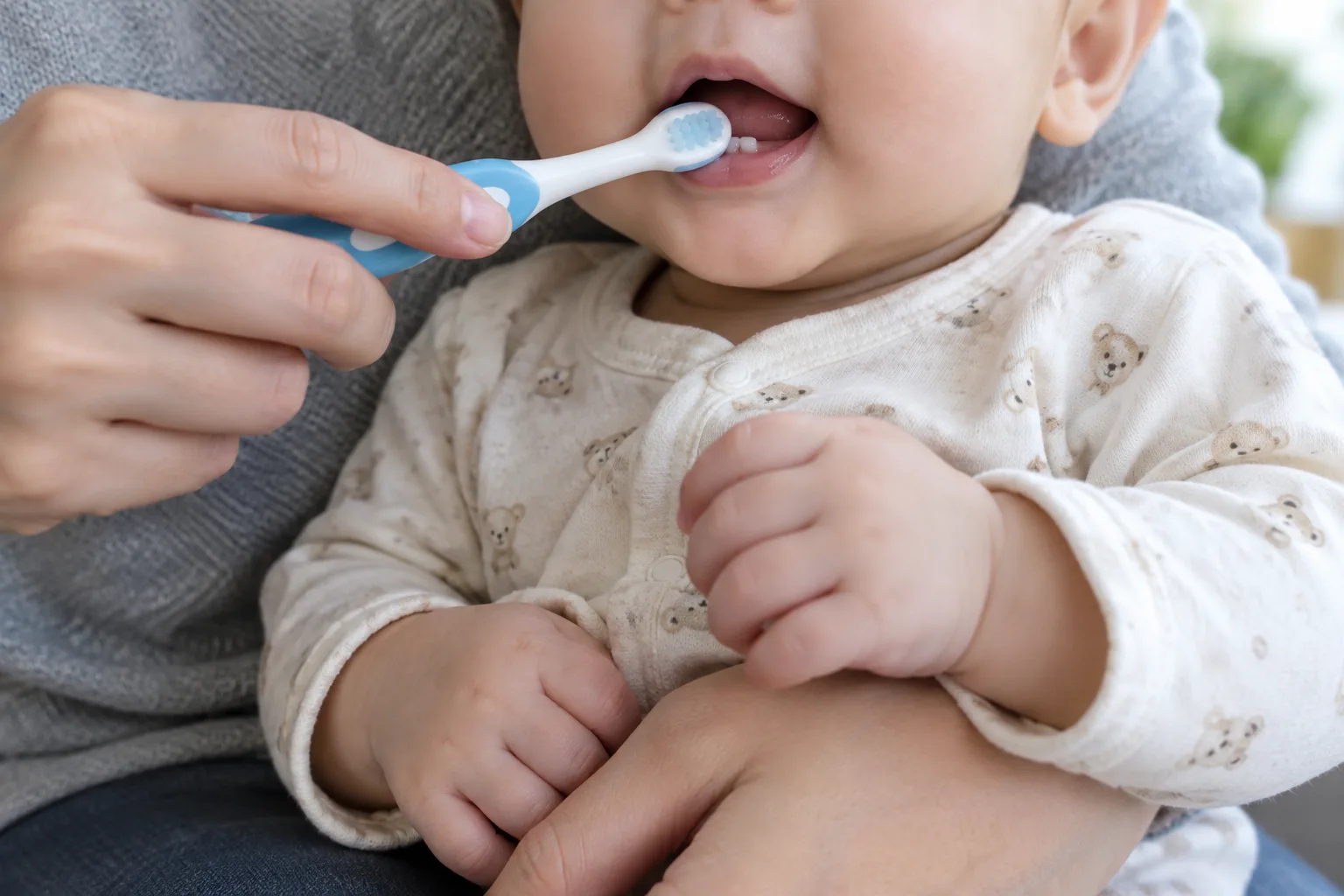 Une petite brosse souple nettoie délicatement une première dent de bébé.